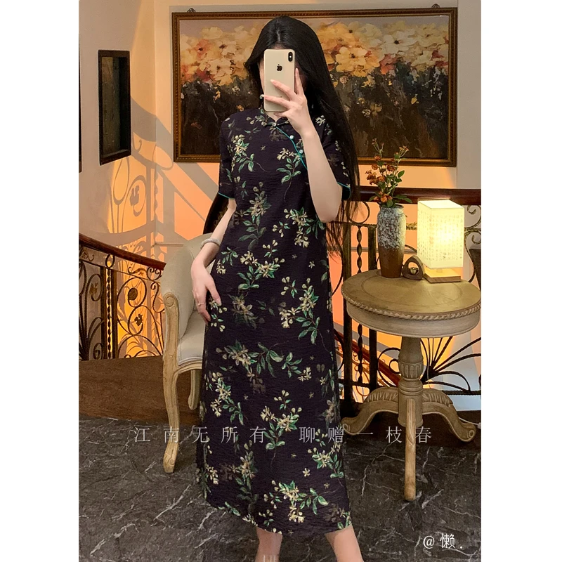 懒· 江南「朝与暮」新中式国风手工缠丝燕尾盘扣苎麻旗袍裙