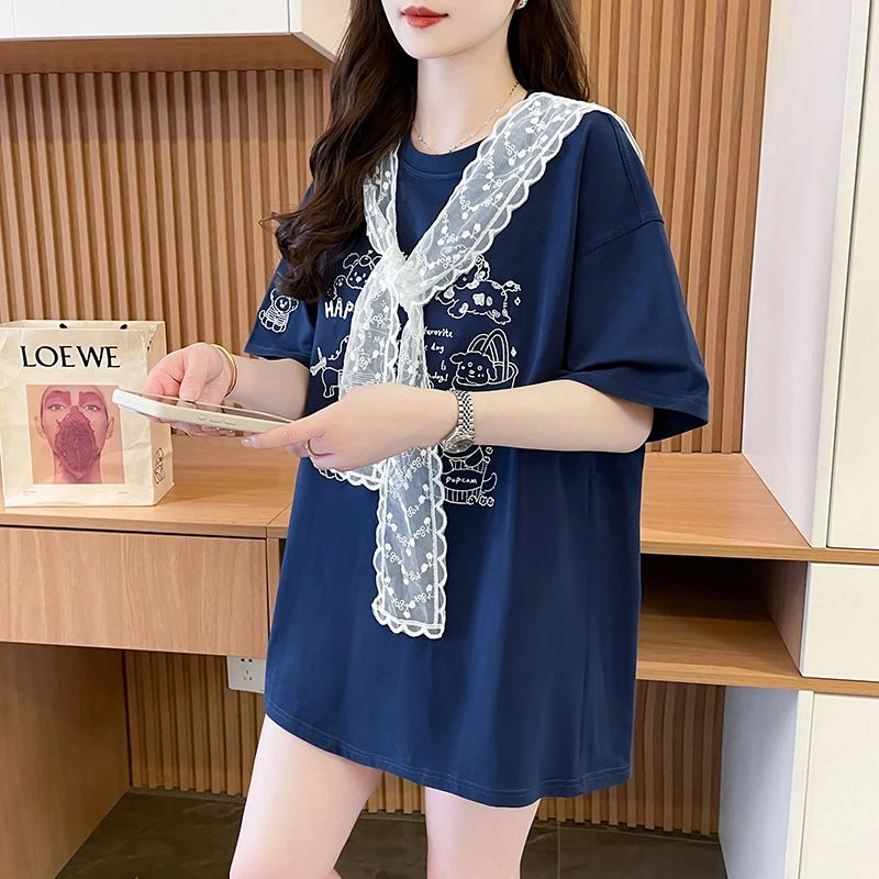 大码夏季网红学生女刺绣拼接宽松半袖T恤女中长款遮肉显瘦上衣女