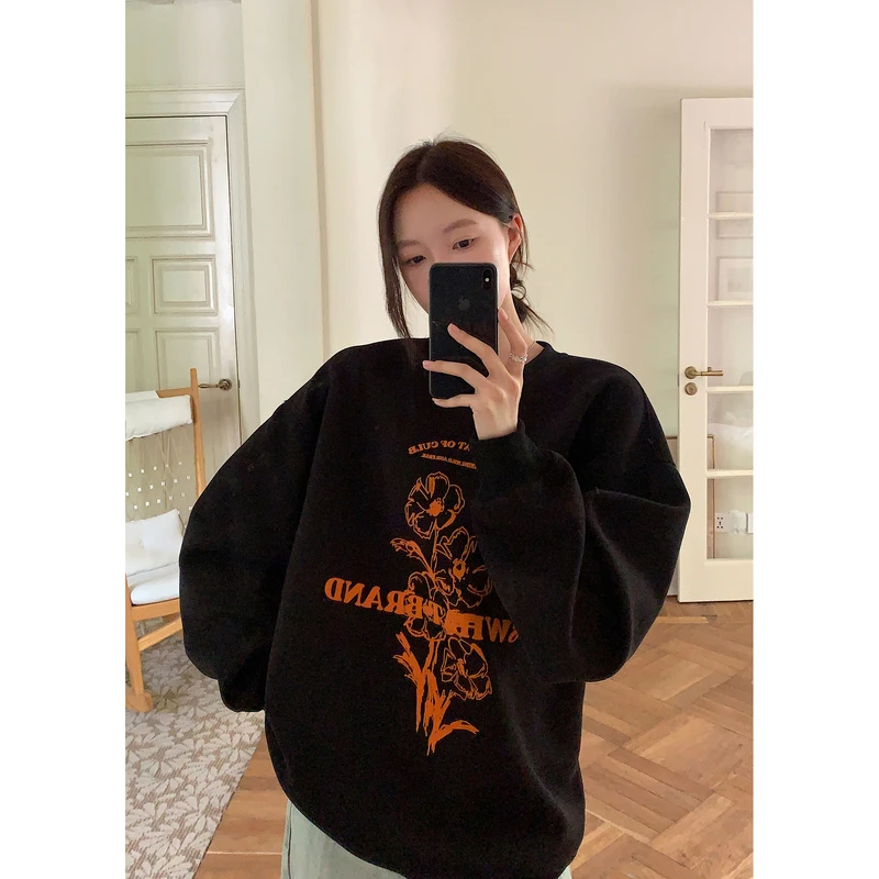 Vs what「花开正好」设计感花卉印花套头卫衣女百搭宽松慵懒上衣