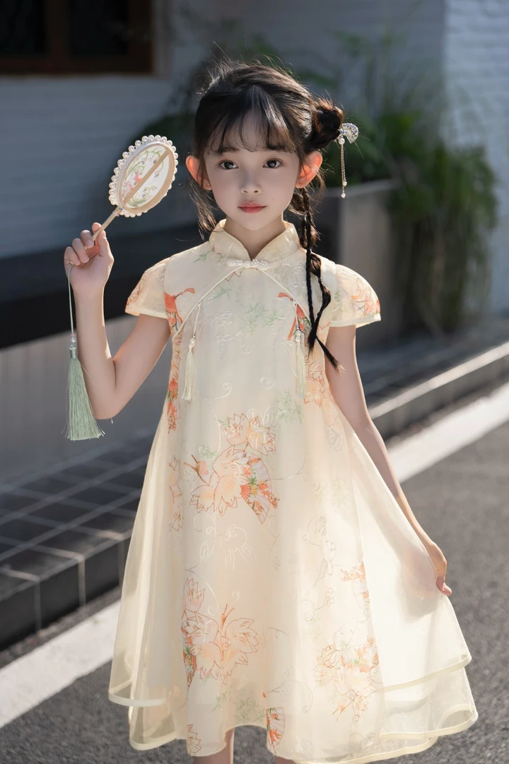 女童绣花旗袍裙夏季国风连衣裙洋气薄款女孩中式儿童汉服女童夏装