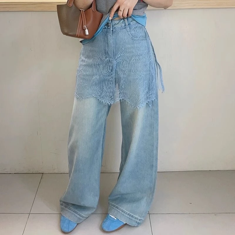 蕾丝拼接屁帘阔腿牛仔裤女欧洲站2025夏季新款欧货女装拖地裤子潮