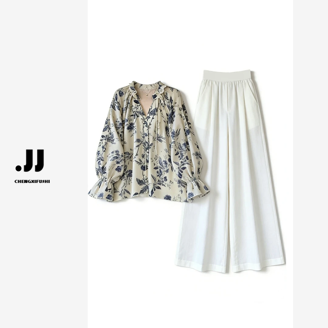 Y3007【青花瓷】新中式穿搭轻国风衬衫女小资上衣~休闲裤子套装女
