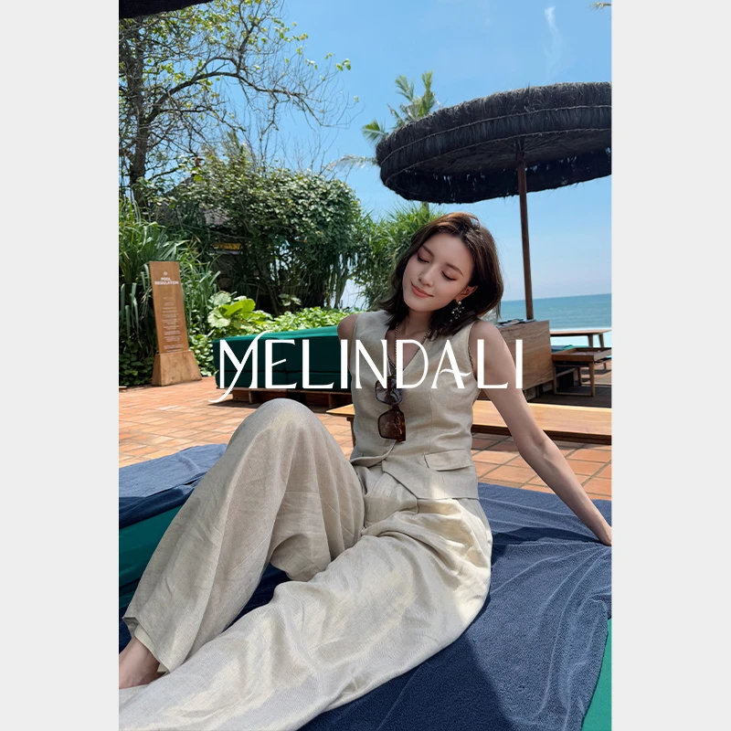 Melinda Li【月光亚麻】梦颖私服白金天丝亚麻老钱马甲裤子时髦套装