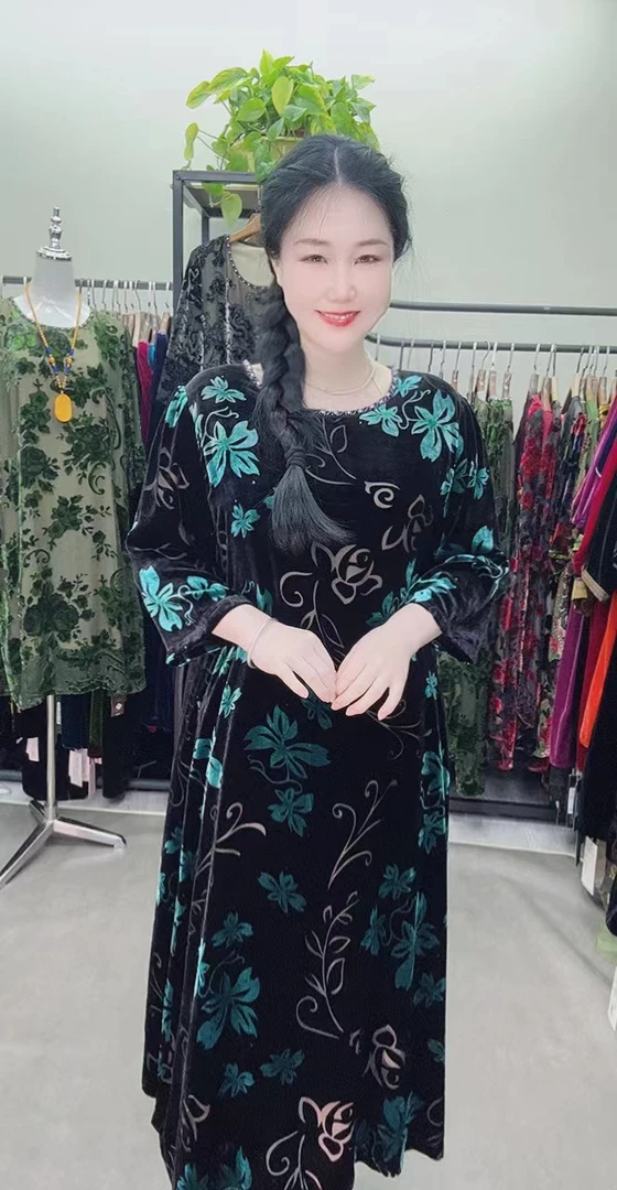 桑蚕丝连衣裙2103长款时尚遮肉妈妈装