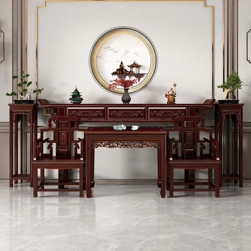 三抽草龙仿古条案中堂六件套实木贡桌简约农村八仙桌供桌神台条几