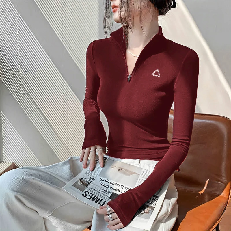 2025秋冬新款德绒字母刺绣半拉链半高领拉链长袖上衣女显瘦打底衫