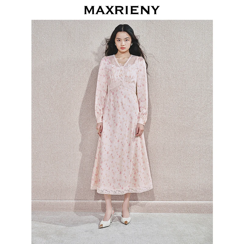 【若谷大大】MAXRIENY秋连衣裙蕾丝拼漫珍珠纽扣立体花浅色系穿搭