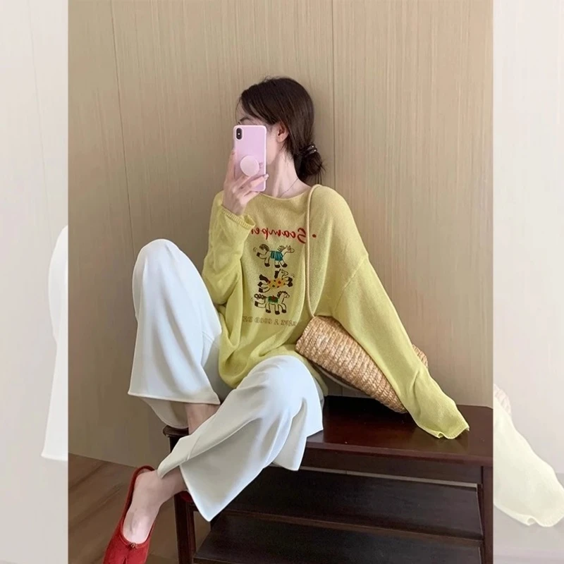 黄色印花冰丝防晒罩衫女宽松慵懒风圆领长袖上衣秋季百搭韩系t恤