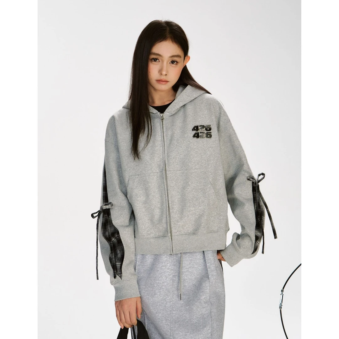 F426格纹蝴蝶结拼接短款卫衣6581