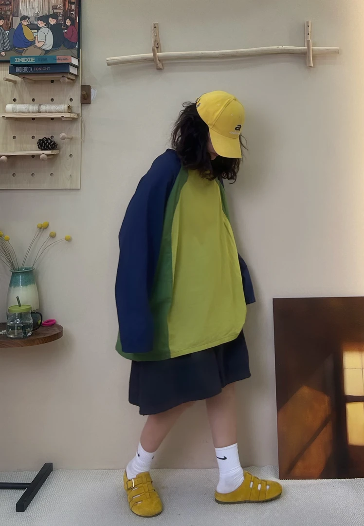 夏季新款宽松大版休闲百搭拼色防晒长袖T恤6099