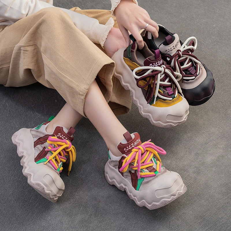 杰骤2025秋季新款厚底拼色松糕跟女式单鞋前系带休闲时尚舒适百搭