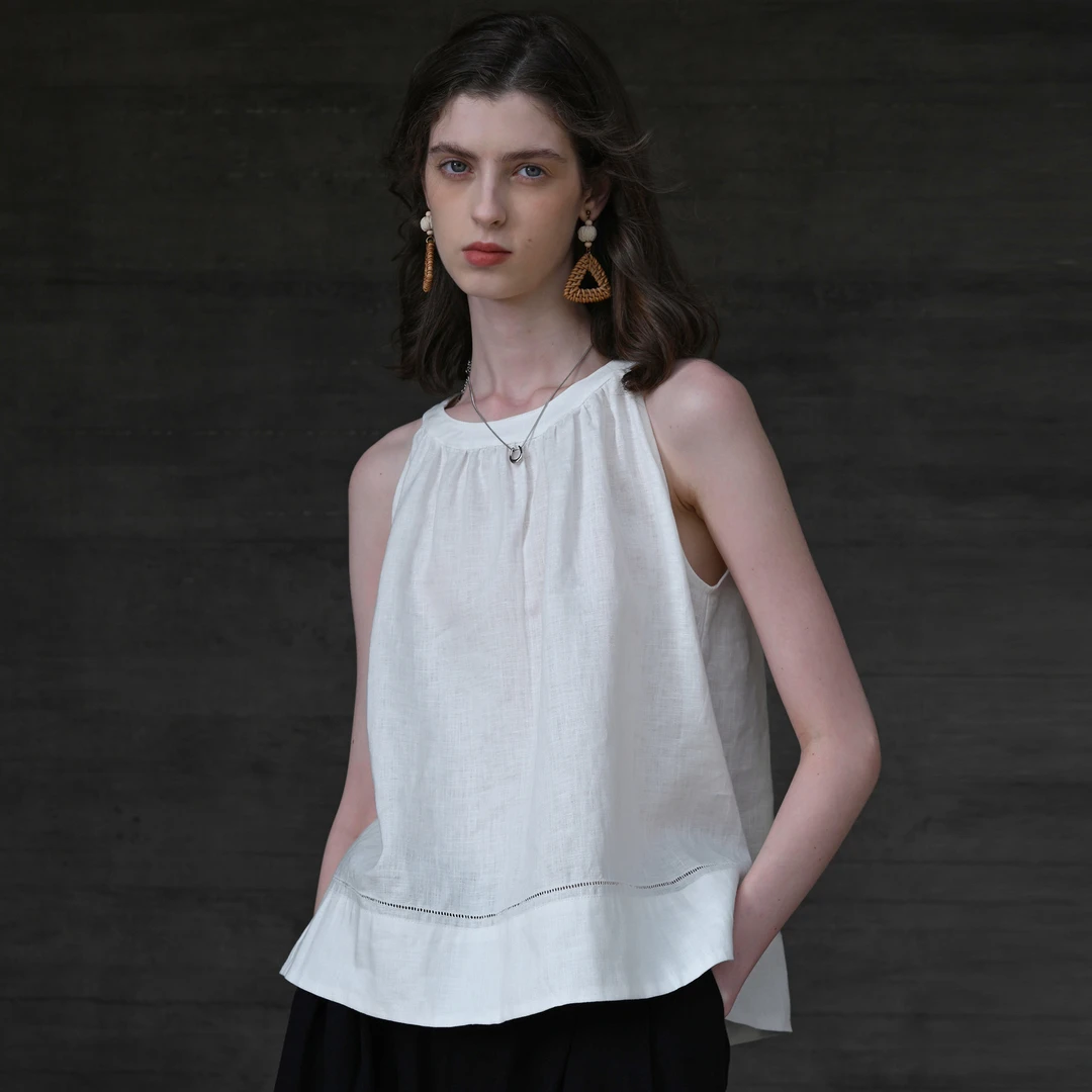 纯亚麻挂脖上衣夏季设计感圆领无袖背心法式气质通勤A字摆吊带衫