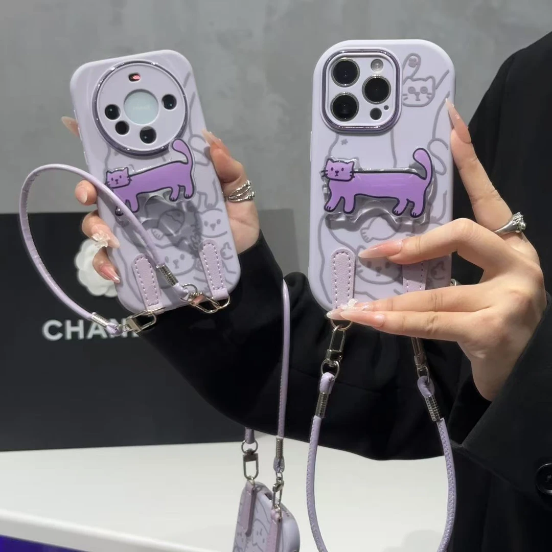奥菲顿抽象紫猫支架挂绳适用苹果17胖子16手机壳华为vivo小米oppo