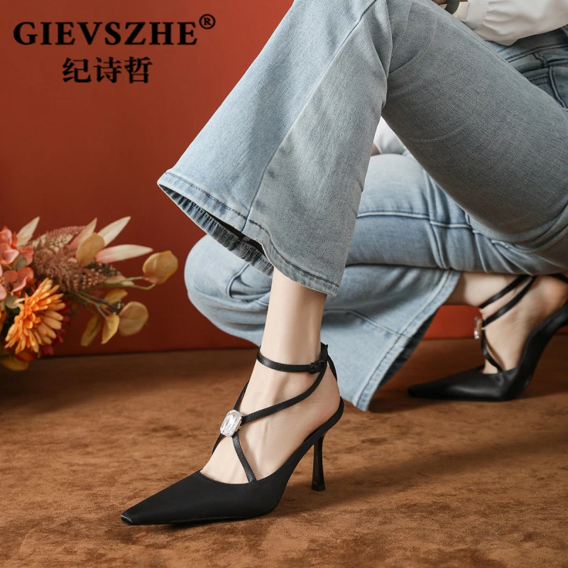 纪诗哲女鞋新款镂空缎面黑色交叉绑带高跟鞋女秋冬高级感百搭凉鞋