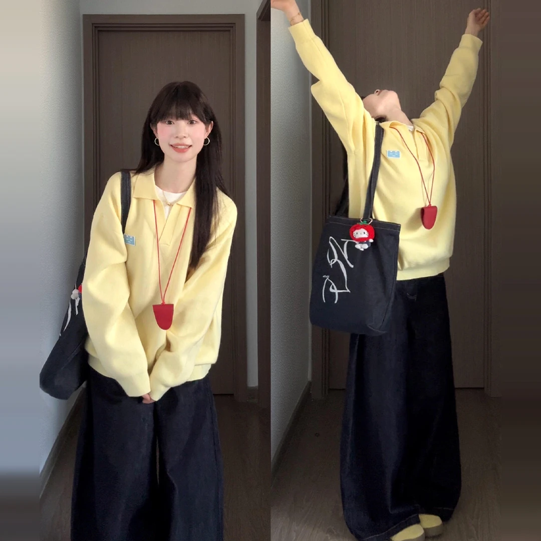 韩系氛围感黄色Polo领长袖针织衫女早秋2025新款慵懒宽松休闲上衣