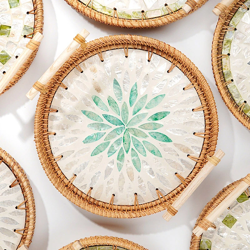 藤编贝壳托盘天然海贝拼接创意双耳托盘零食果蔬下午茶点心篮