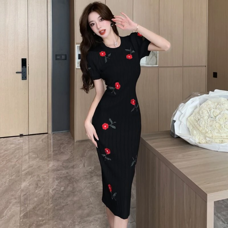 公主清新甜美风高级感法式短袖圆领印花绣花网纱中长款套头单件包