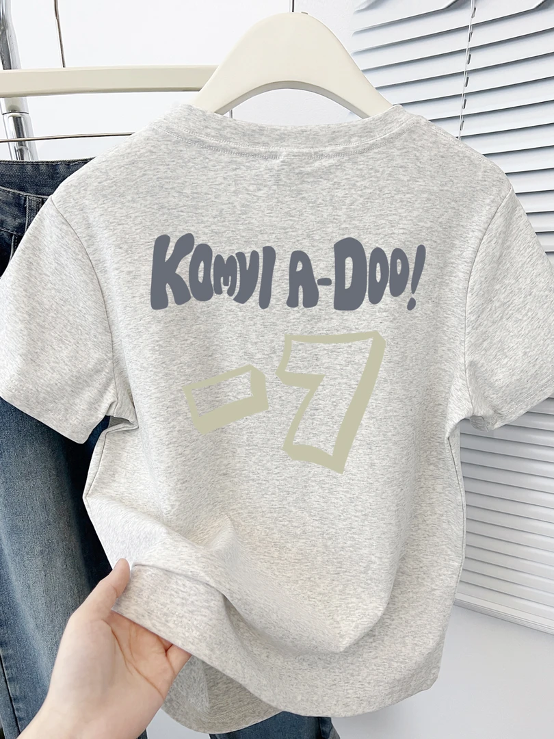 前后简约印花2025夏季新款正肩短袖T恤学院风韩系百搭圆领上衣潮