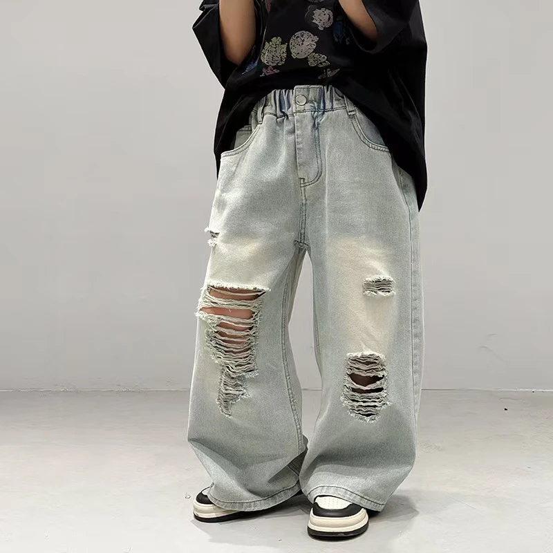 男童直筒破洞牛仔裤春秋款2025新款爆款印花短袖中大童春季长裤潮