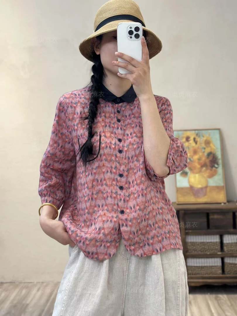 D173-文艺复古撞色娃娃领七分袖碎花苎麻衬衫女春夏季休闲上衣