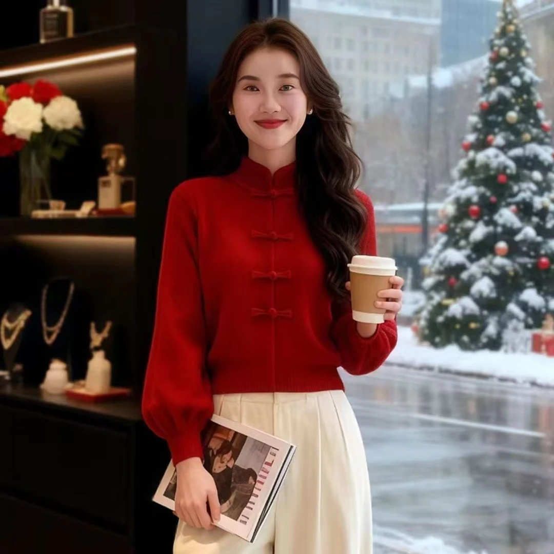 职业阿玛诗官2025秋冬季新款立领盘扣粗线毛衣女短款灯笼袖针织衫