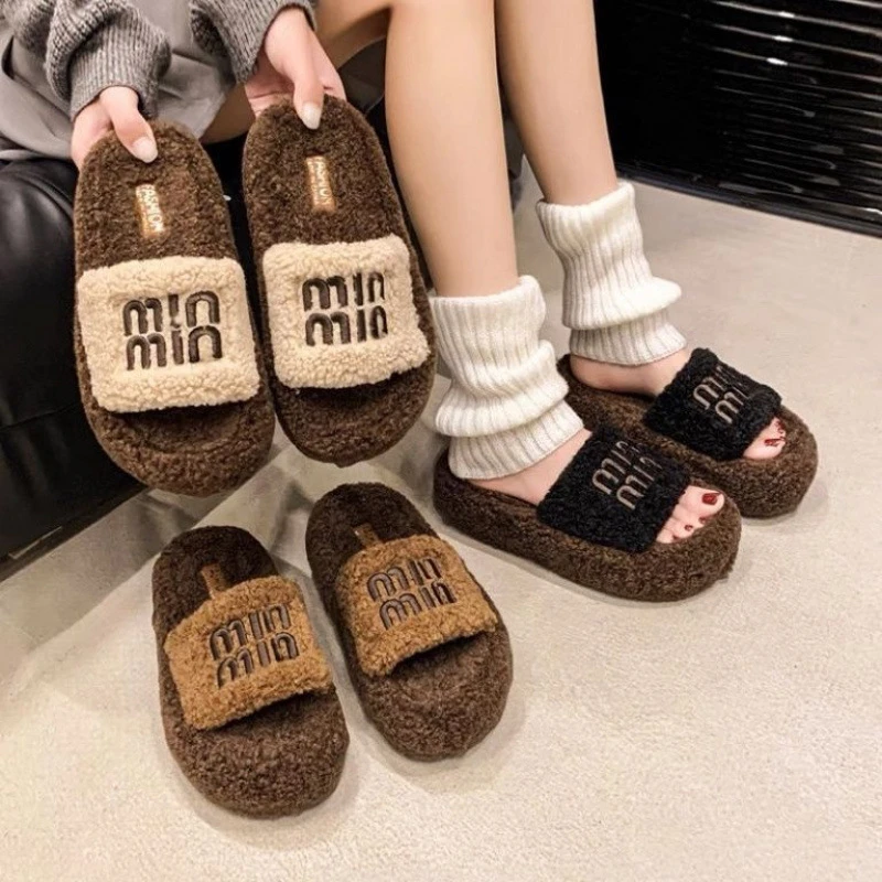新款厚底毛毛拖鞋女外穿秋冬季羊羔毛茸茸网红舒适时尚家居棉拖鞋
