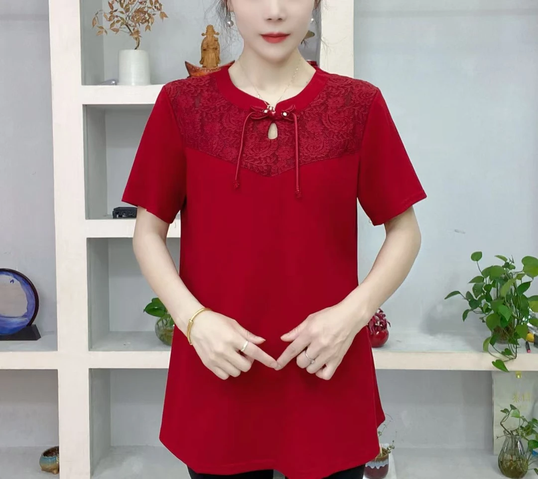 夏季新款时尚圆领蕾丝拼接国风减龄显瘦妈妈装中长款女士T恤上衣