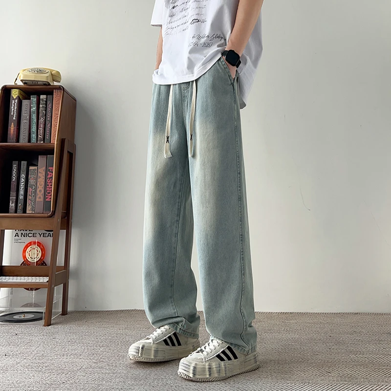 美式潮男春秋款百搭牛仔裤男款显高显瘦青少年男生休闲直筒阔腿裤