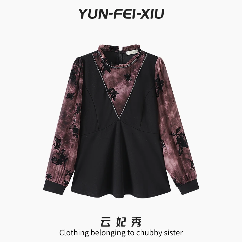 云妃秀大码女装T恤复古拼接印花韩版宽松显瘦遮肉胖妹妹秋季7162