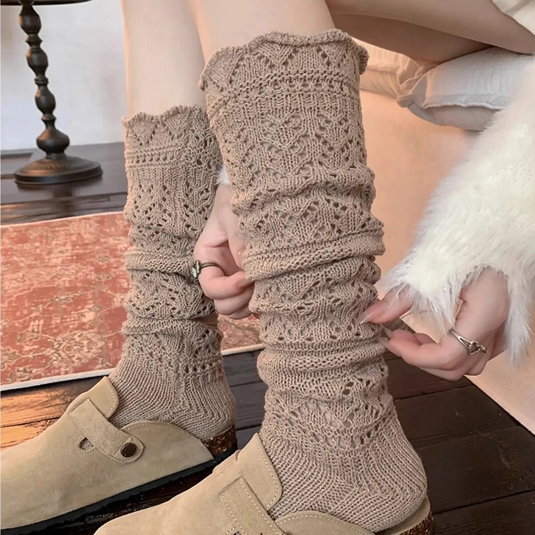 卡其针织小腿袜堆堆袜女秋冬保暖镂空女款秋冬透气堆堆袜