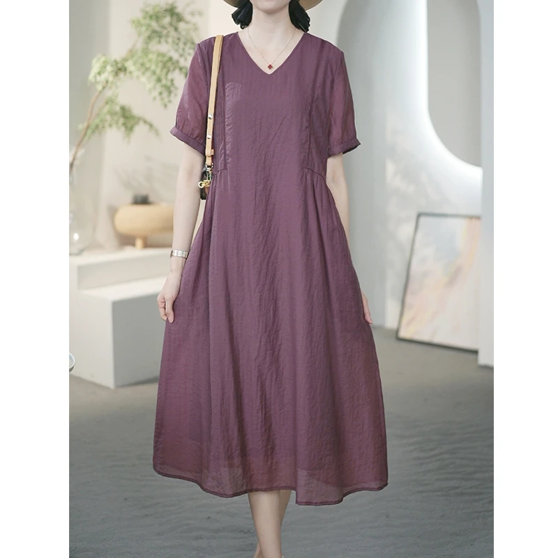 紫红色法式v领大码连衣裙女夏季妈妈装洋气减龄气质长裙子A31778