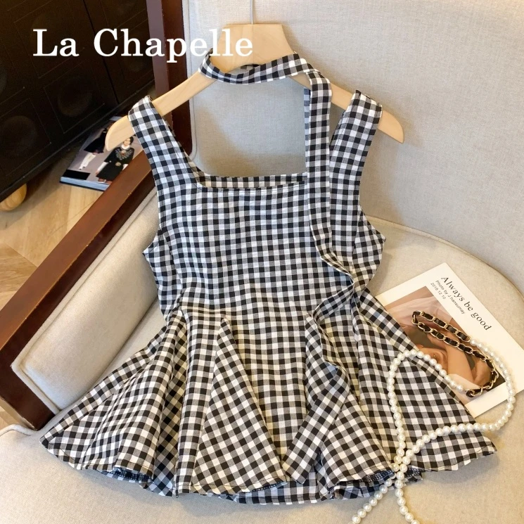 拉夏贝尔飘带方领背心女夏季小衫薄款宽松小众设计感格子背带上衣