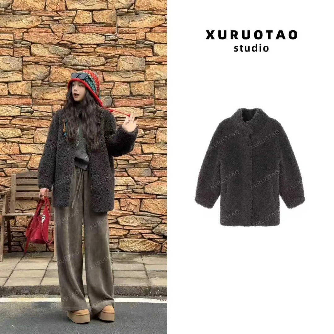 XURUOTAO【北海道】100羊毛绒感设计保暖时尚深紫色外套 T6185