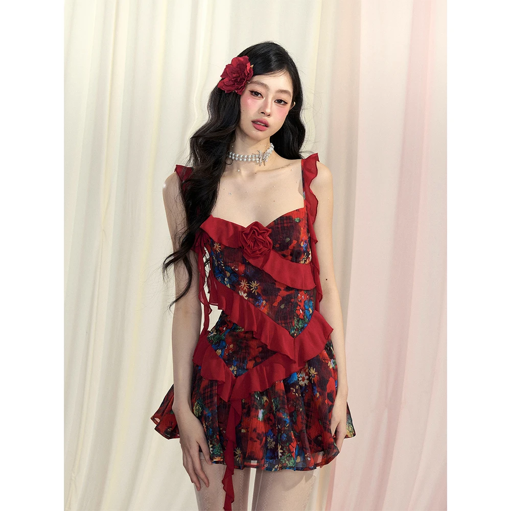 少也眼花野初柠 法式碎花性感吊带连衣裙女夏收腰显瘦蓬蓬裙短裙