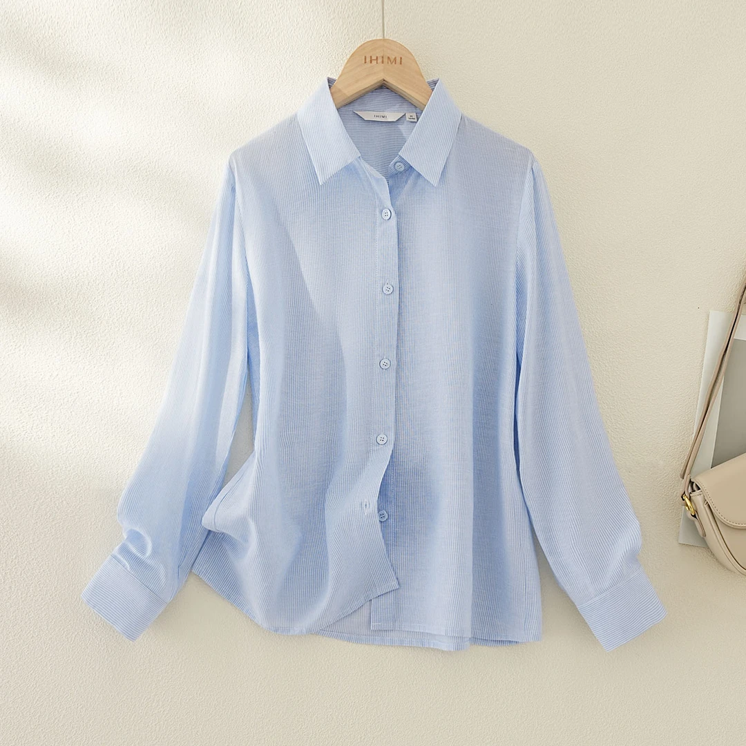 IHIMI/海谧衬衫2025秋季简约通勤棉麻风条纹蓝色衬衫通勤女装3555