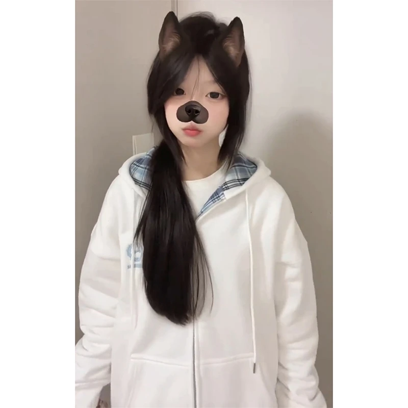 美式复古格子拼接连帽卫衣女加绒加厚秋冬新款慵懒风宽松拉链外套