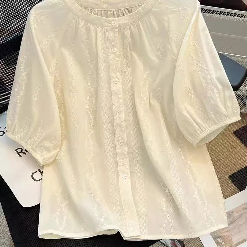 （棉）法式复古刺绣短袖衬衫女夏季2025新款洋气显瘦减龄圆领衫上衣