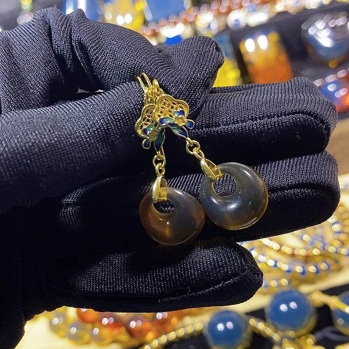 琥珀银S925镶嵌珠宝奇石棕红耳环