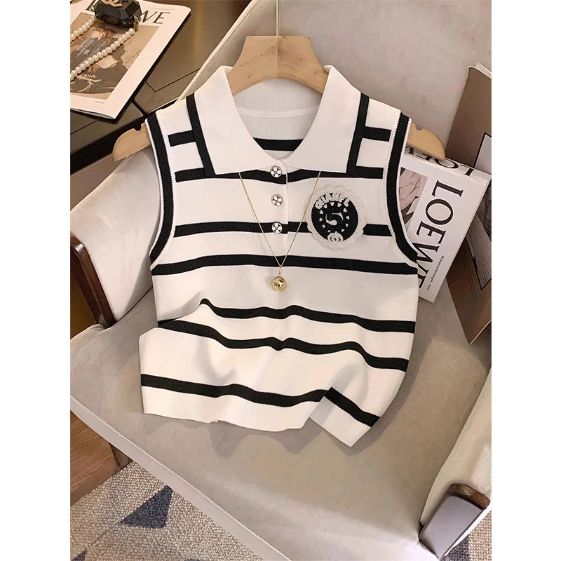 固质字母数字胸标翻领Polo领条纹无袖背心2025夏季修身打底上衣女
