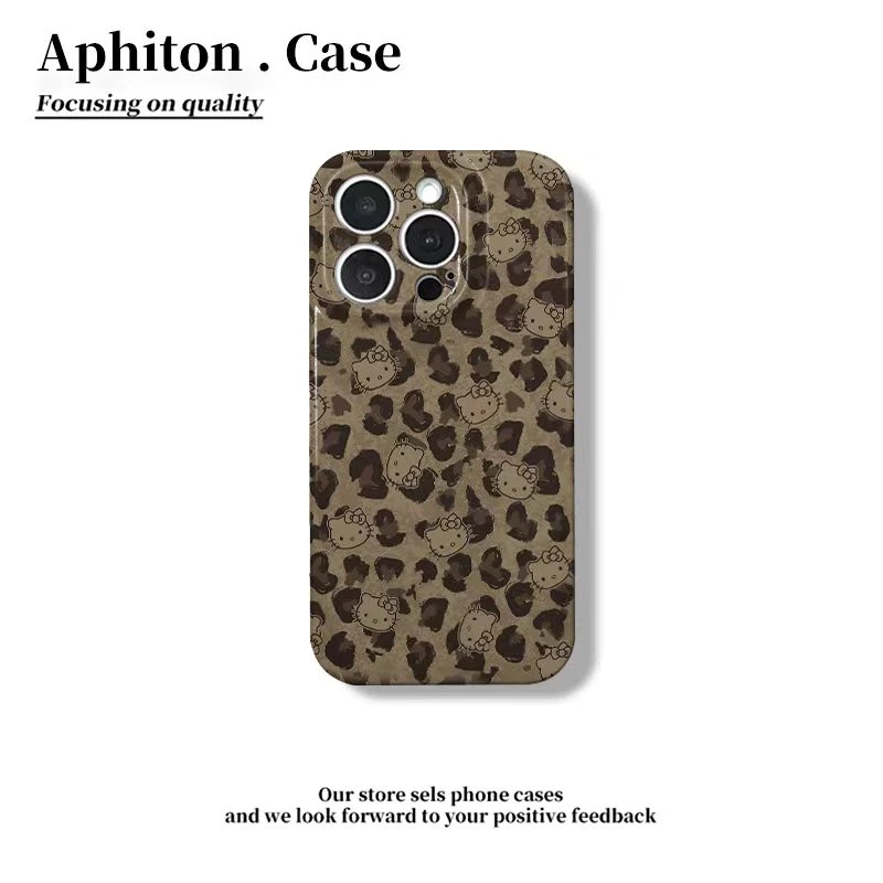 棕色豹纹kitty适用苹果iqoo华为oppo小米vivo一加菲林手机防摔壳