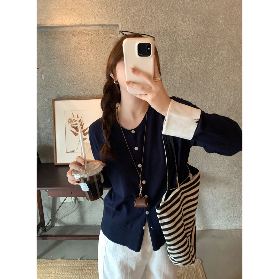 现货6561D大婉酱微胖定制韩系设计感拼接针织衫春季薄款百搭上衣