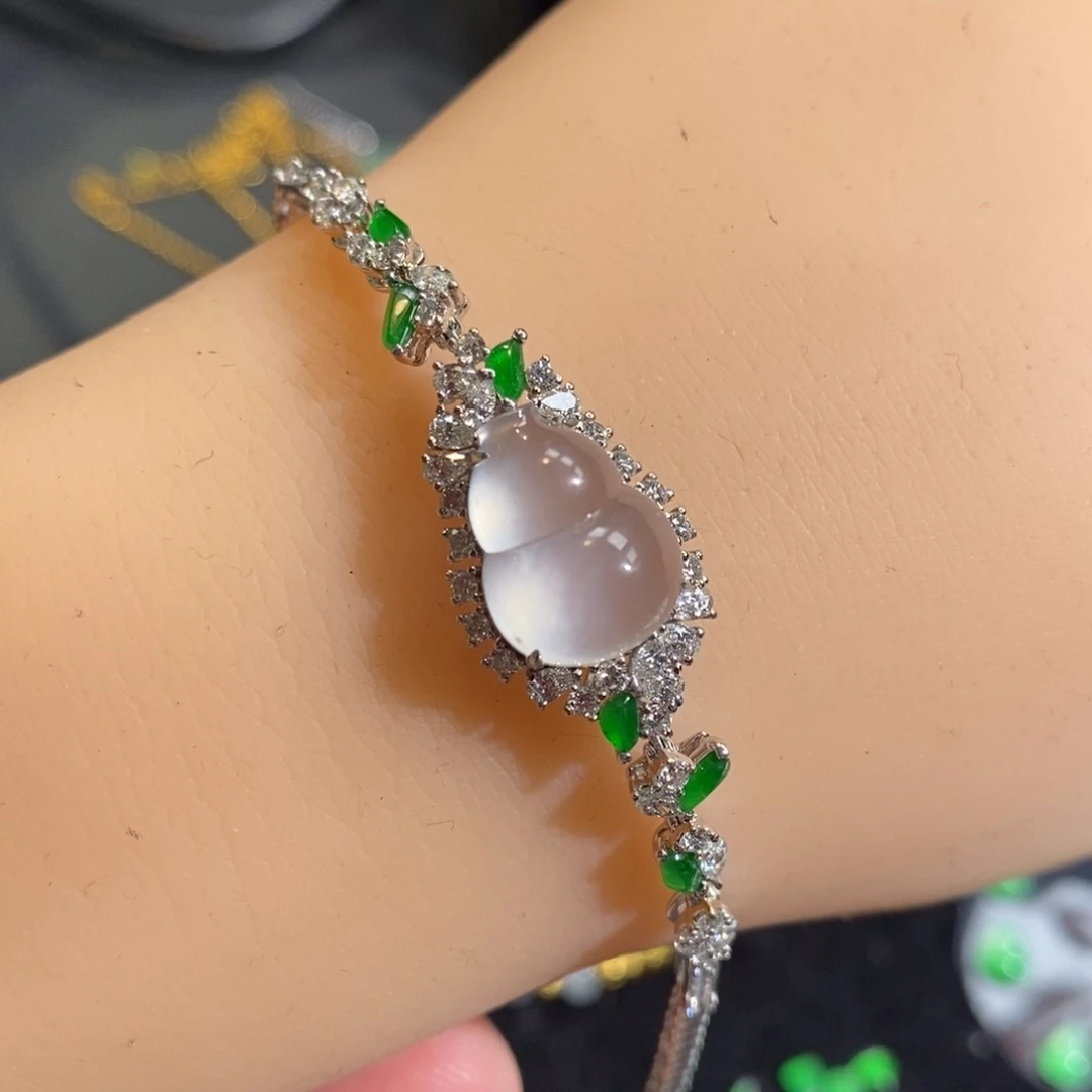 翡翠手链18K金镶嵌白冰葫芦手链