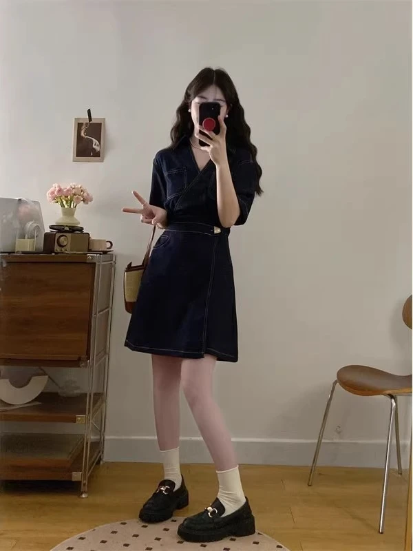 【浅浅专属】夏季新款复古牛仔连衣裙女薄款收腰显瘦小个子气质休