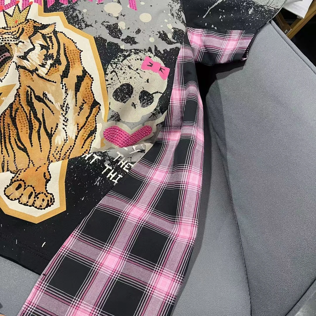 EH 潮牌女款虎头烫钻休闲圆领短袖T恤 511