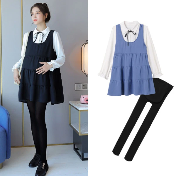 孕妇装上衣洋气小香风气质孕妇春秋连衣裙宽松中长款显瘦连衣裙