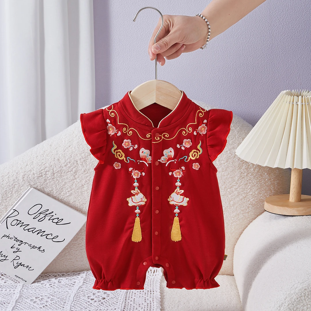 婴儿衣服夏季短袖女童连体衣国风前开哈衣婴儿满月百天抓周礼服棉