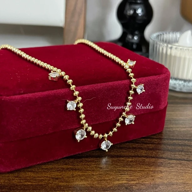 铜合金项链 Suyunche2596浅金色优雅可叠戴百搭小方锆吊坠项链