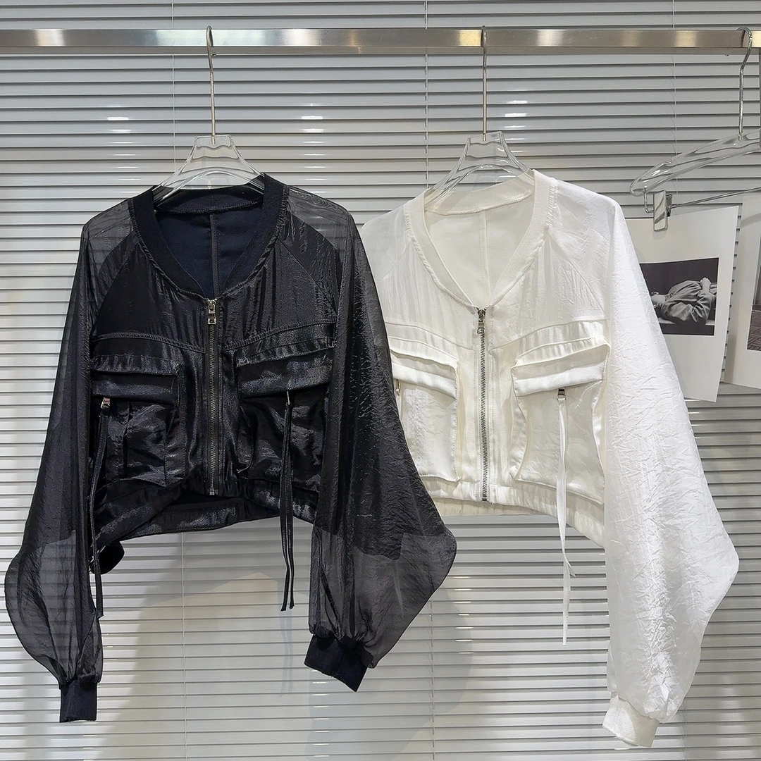 双口袋拉链短款网纱外套女欧洲站2025夏季新款轻薄微透防晒衣潮