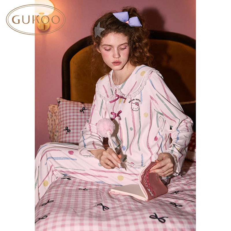 【Gukoo果壳】HelloKitty联名条纹波点甜美春秋睡衣女家居服套装
