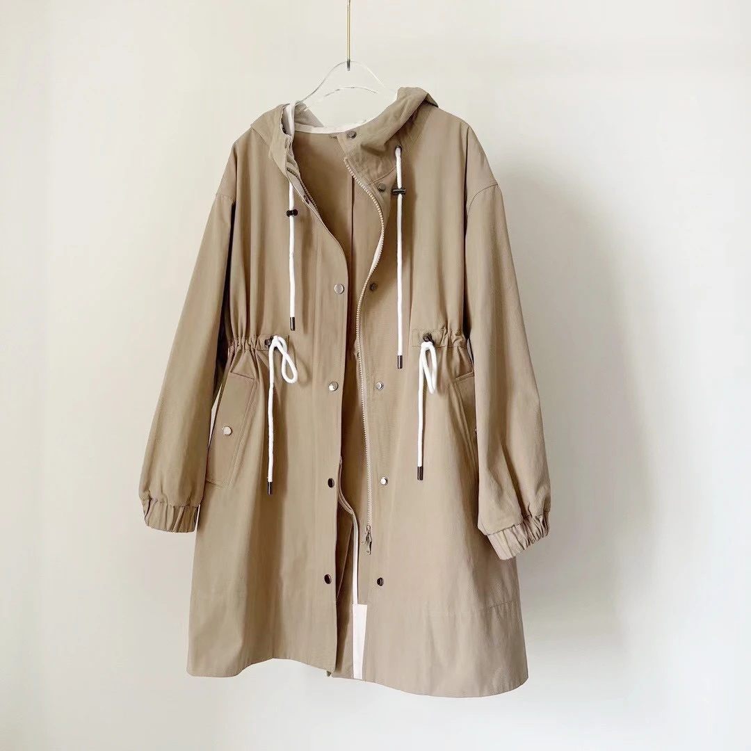 【新品上市】轻奢经典珠链宽松廓形抽绳收腰连帽风衣外套 FY0901